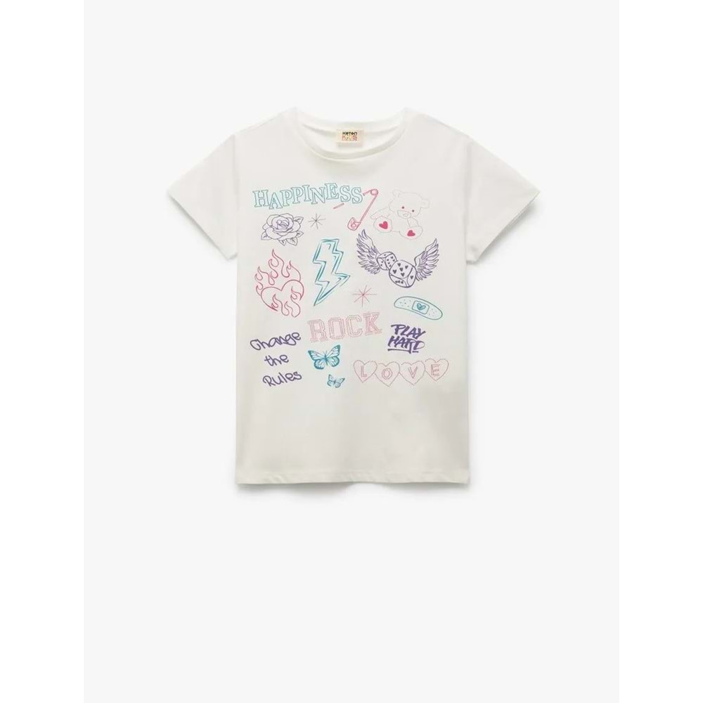 Kız Çocuk Pamuklu Baskı Detaylı Bisiklet Yaka Kısa Kollu Tişört - KOTON - EKRU - 4-5 YAŞ