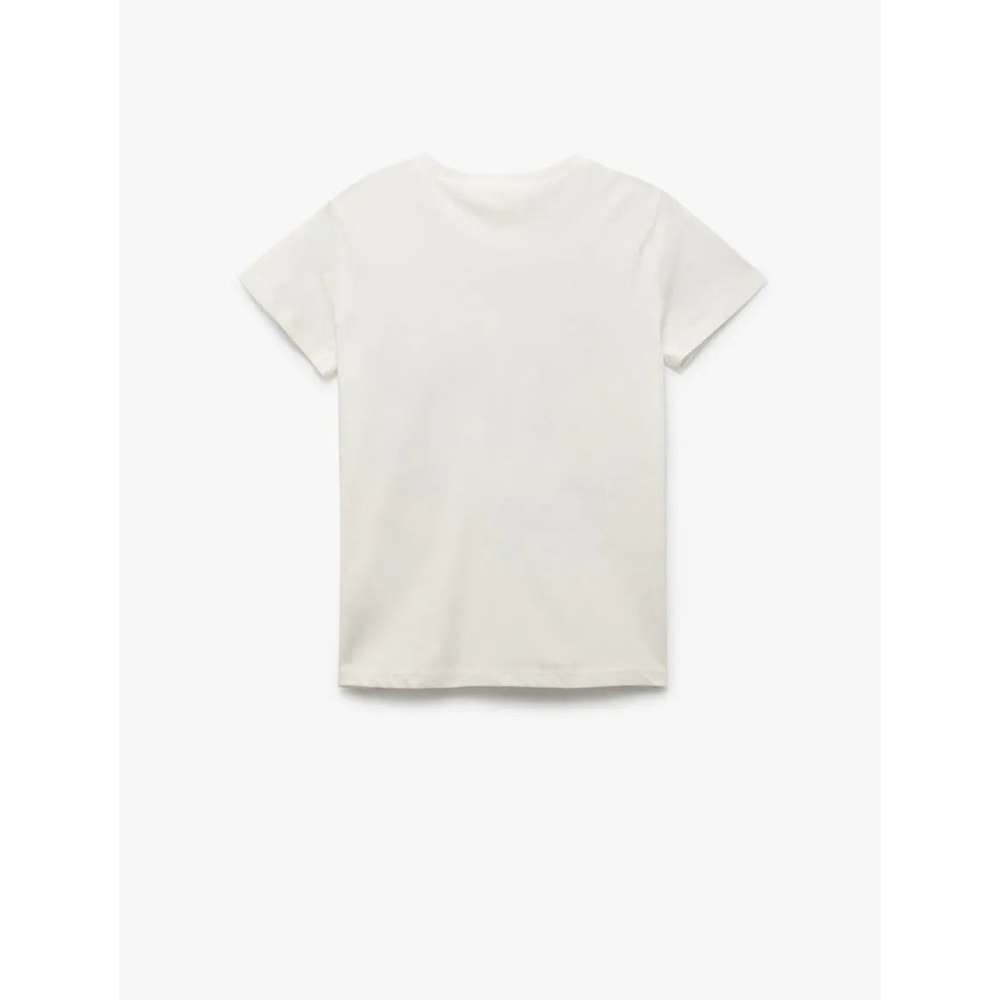 Kız Çocuk Pamuklu Baskı Detaylı Bisiklet Yaka Kısa Kollu Tişört - KOTON - EKRU - 4-5 YAŞ