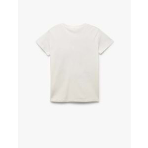 Kız Çocuk Pamuklu Baskı Detaylı Bisiklet Yaka Kısa Kollu Tişört - KOTON - EKRU - 4-5 YAŞ