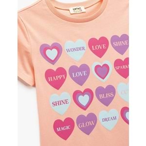 Kız Çocuk Pamuklu Kalp Baskılı Bisiklet Yaka Kısa Kollu Tişört - KOTON - PEMBE - 9-10 YAŞ