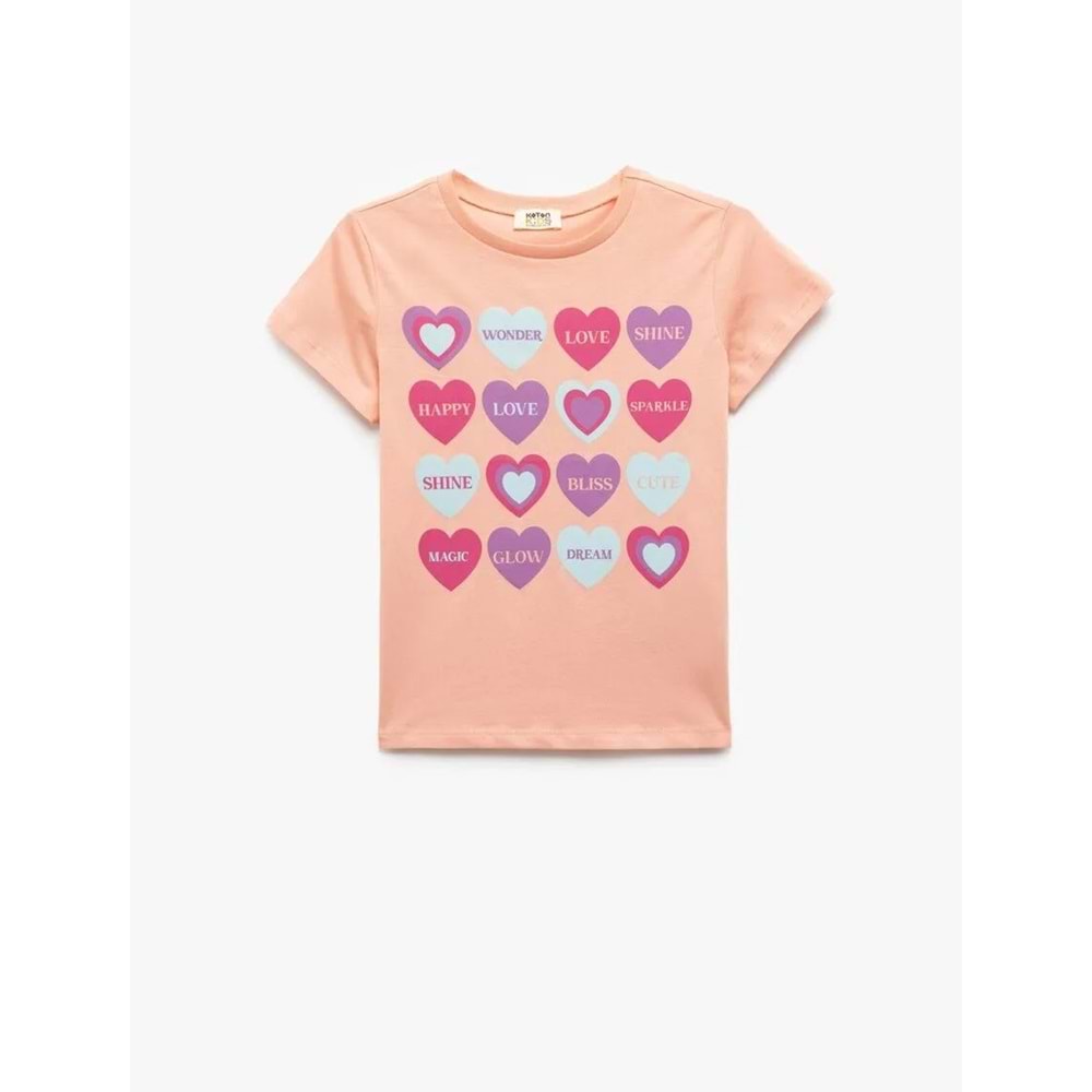 Kız Çocuk Pamuklu Kalp Baskılı Bisiklet Yaka Kısa Kollu Tişört - KOTON - PEMBE - 9-10 YAŞ