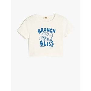 Kız Çocuk Baskı Detaylı Bisiklet Yaka Kısa Kollu Pamuklu Tişört - KOTON - EKRU - 7-8 YAŞ