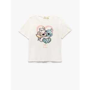 Kız Çocuk Lisanslı Kısa Kollu Bisiklet Yaka Pamuklu Stitch Tişört - KOTON - EKRU - 13-14 YAŞ