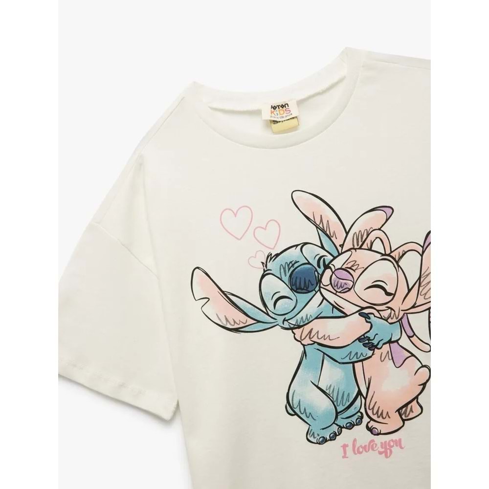 Kız Çocuk Pamuklu Lisanslı Stitch Baskılı Bisiklet Yaka Kısa Kollu Tişört - KOTON - EKRU - 11-12 YAŞ