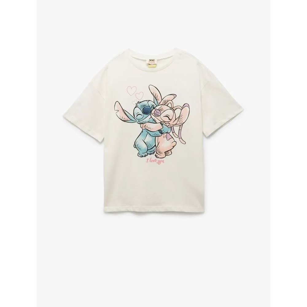 Kız Çocuk Pamuklu Lisanslı Stitch Baskılı Bisiklet Yaka Kısa Kollu Tişört - KOTON - EKRU - 9-10 YAŞ