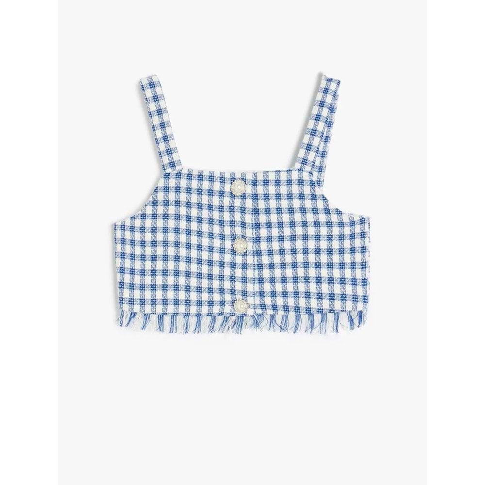 Kız Çocuk Kare Yaka Ekose Desenli Tüvit Crop Bluz 5SKG60036AW - KOTON - LACİVERT EKOSELİ - 5-6 YAŞ