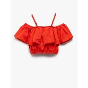 İnce Askılı Katlı Fırfırlı Crop Bluz 5SKG60069AW - KOTON - KIRMIZI - 6-7 YAŞ