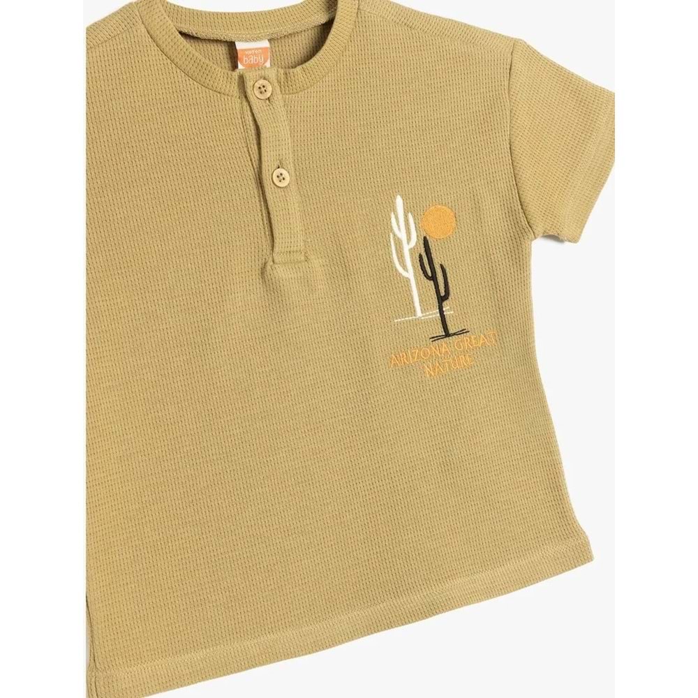 Erkek Bebek Pamuklu Kaktüs Nakış Detaylı Dokulu Tişört 5SMB10104TK - KOTON - HAKİ - 4-5 YAŞ