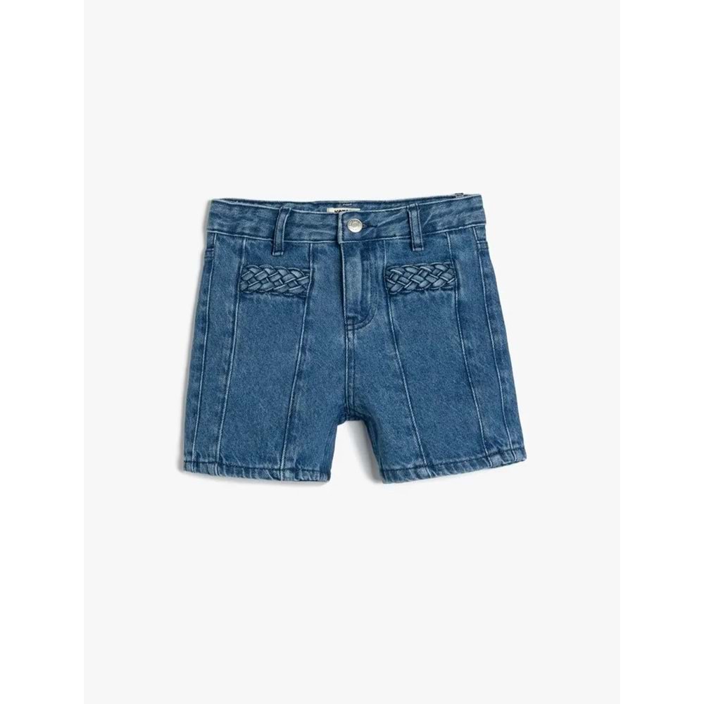 Kız Çocuk Pamuklu Yüksek Belli Örgü Detaylı Denim Şort 5SKG40104AD - KOTON - İNDİGO - 9-10 YAŞ