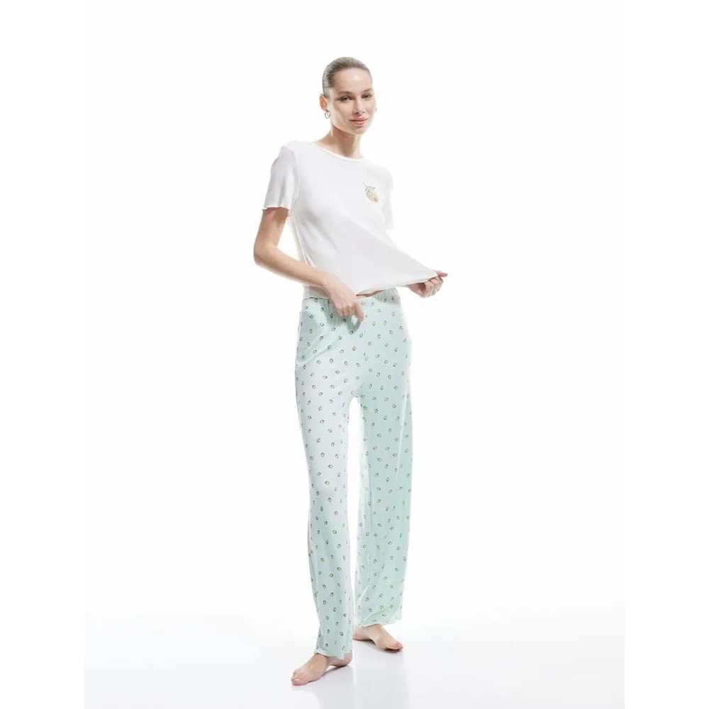Viskon Kumaş Kısa Kollu Limon Baskılı Pijama Takımı 5SLK40078MK - KOTON - MİNT - S