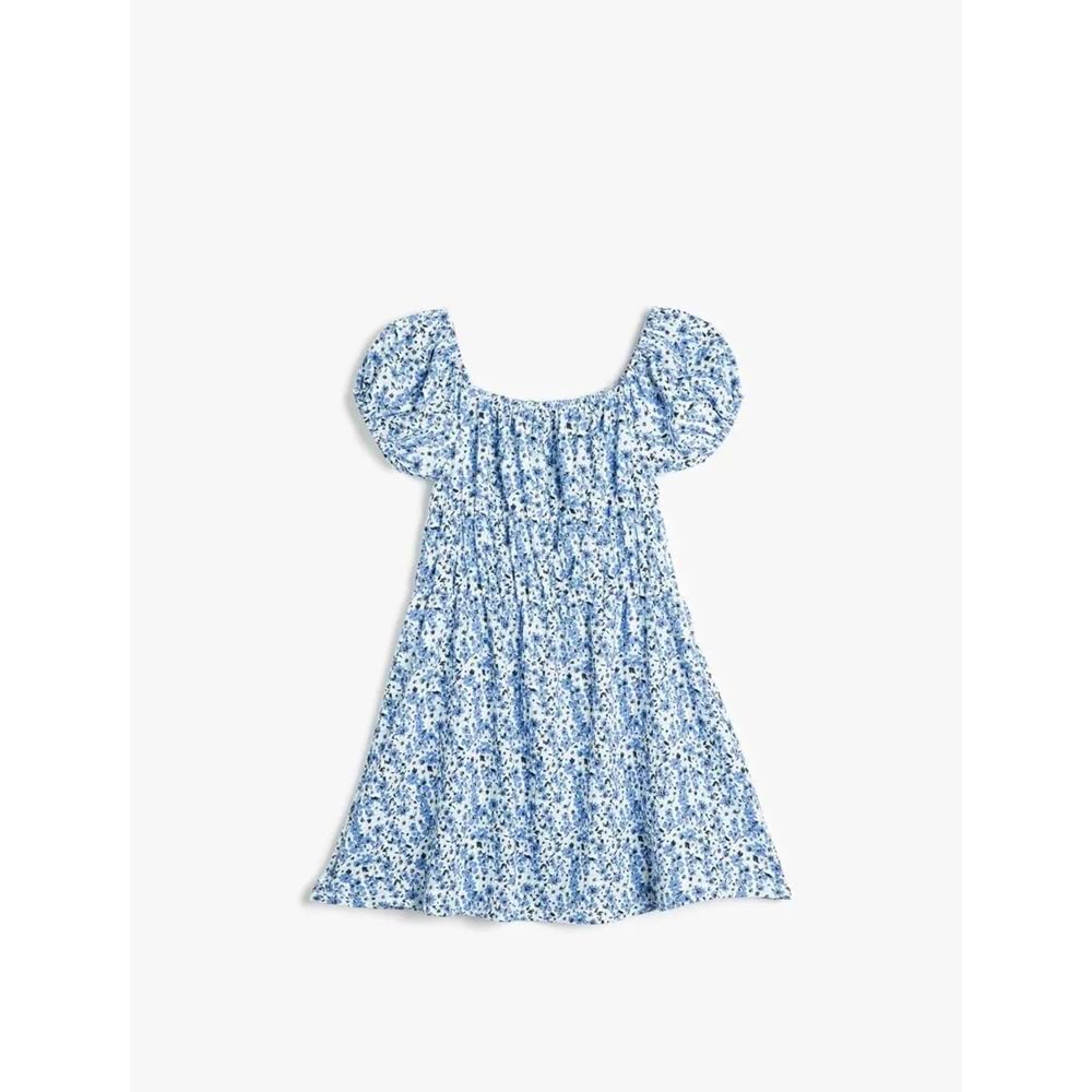 Kız Çocuk Çiçek Desenli Bisiklet Yaka Kısa Kollu Mini Elbise 5SKG80009AK - KOTON - MAVİ - 5-6 YAŞ