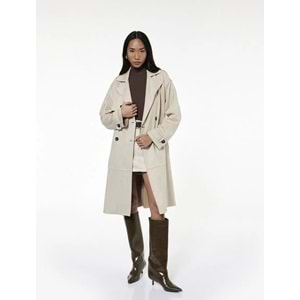 Uzun Kollu Cepli Kemerli Kruvaze Suni Süet Trençkot - 6WAK00194EW - Taş - 42