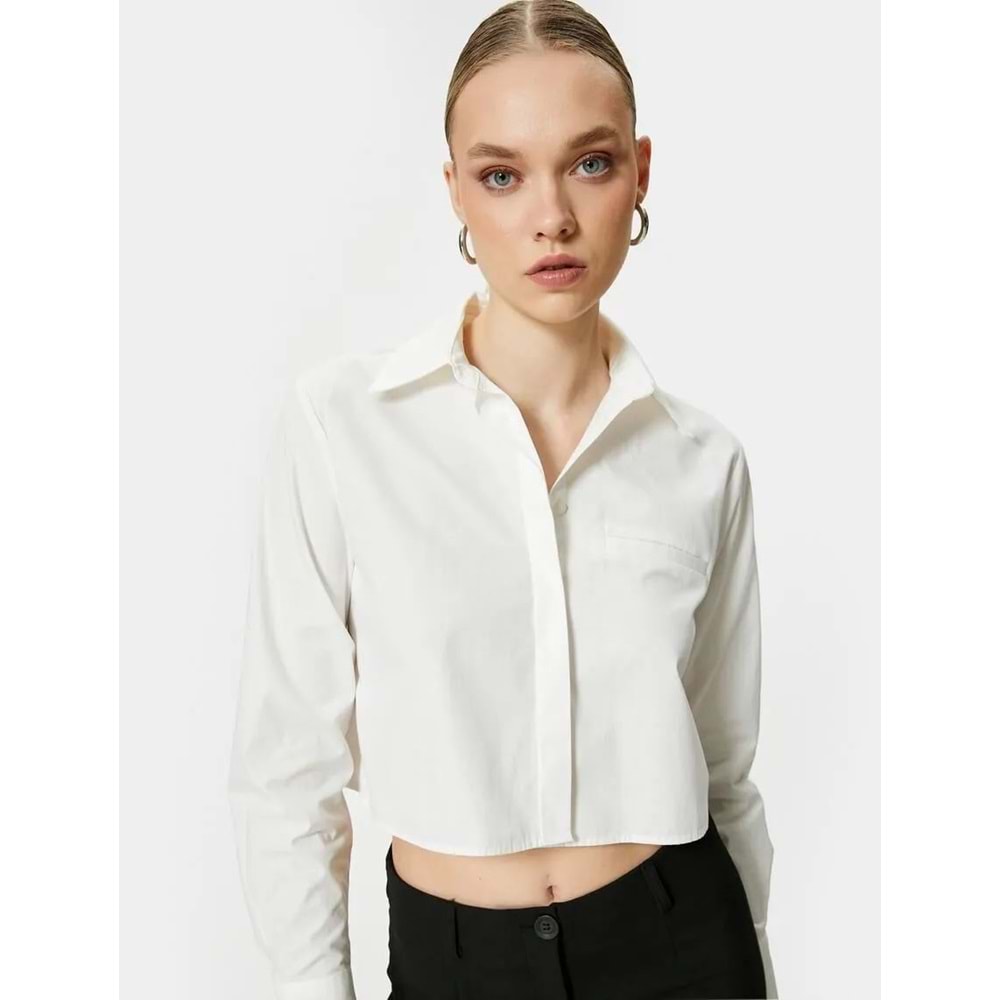 Crop Gömlek Cepli Düğmeli Uzun Kollu Pamuklu 6SAK60253PW - KOTON - BEYAZ - 34