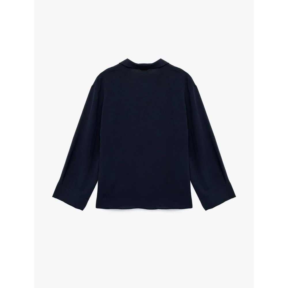 Aerobin Kumaş Uzun Kollu V Gömlek Yaka Bluz 6SAK60150EW - KOTON - LACİVERT - 40