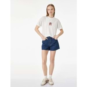 Ayıcık Nakışlı Bisiklet Yaka Pamuklu Oversize Tişört 6SAL10135IK - KOTON - EKRU - M