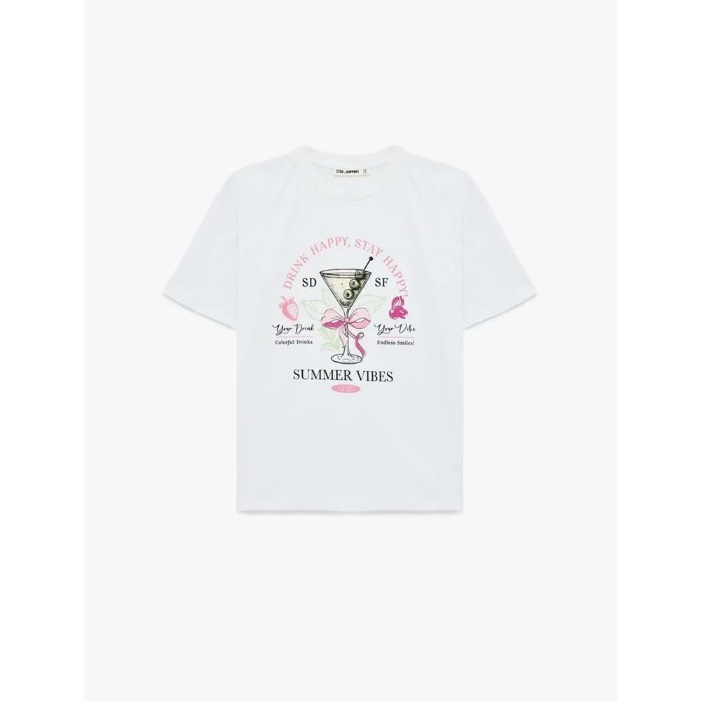 Rahat Kalıp Kısa Kollu Bisiklet Yaka Baskılı Tişört 6SAL10085IK - KOTON - EKRU - L