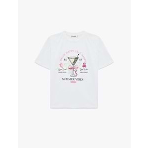 Rahat Kalıp Kısa Kollu Bisiklet Yaka Baskılı Tişört 6SAL10085IK - KOTON - EKRU - L