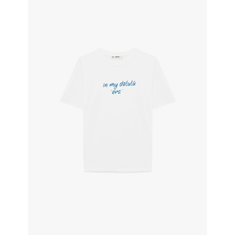 Rahat Kalıp Kısa Kollu Bisiklet Yaka Pamuklu Baskılı Tişört 6SAL10677IK - KOTON - EKRU - L