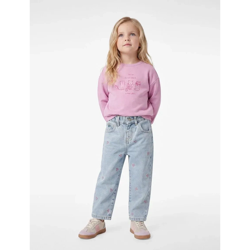 Kız Bebek Pamuklu Fiyonk Nakış Detaylı Denim Pantolon - 7WMG40001AD