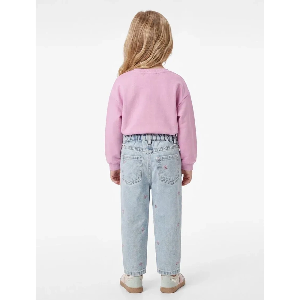 Kız Bebek Pamuklu Fiyonk Nakış Detaylı Denim Pantolon - 7WMG40001AD