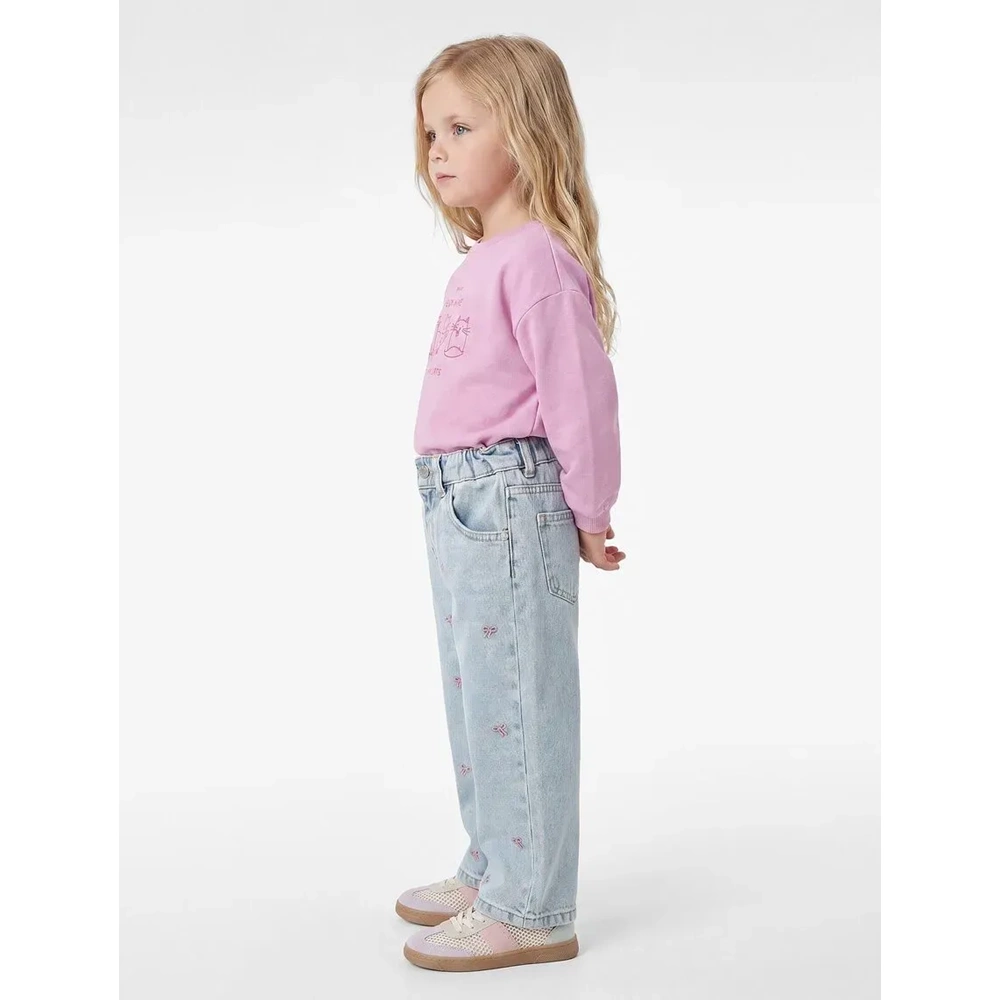 Kız Bebek Pamuklu Fiyonk Nakış Detaylı Denim Pantolon - 7WMG40001AD