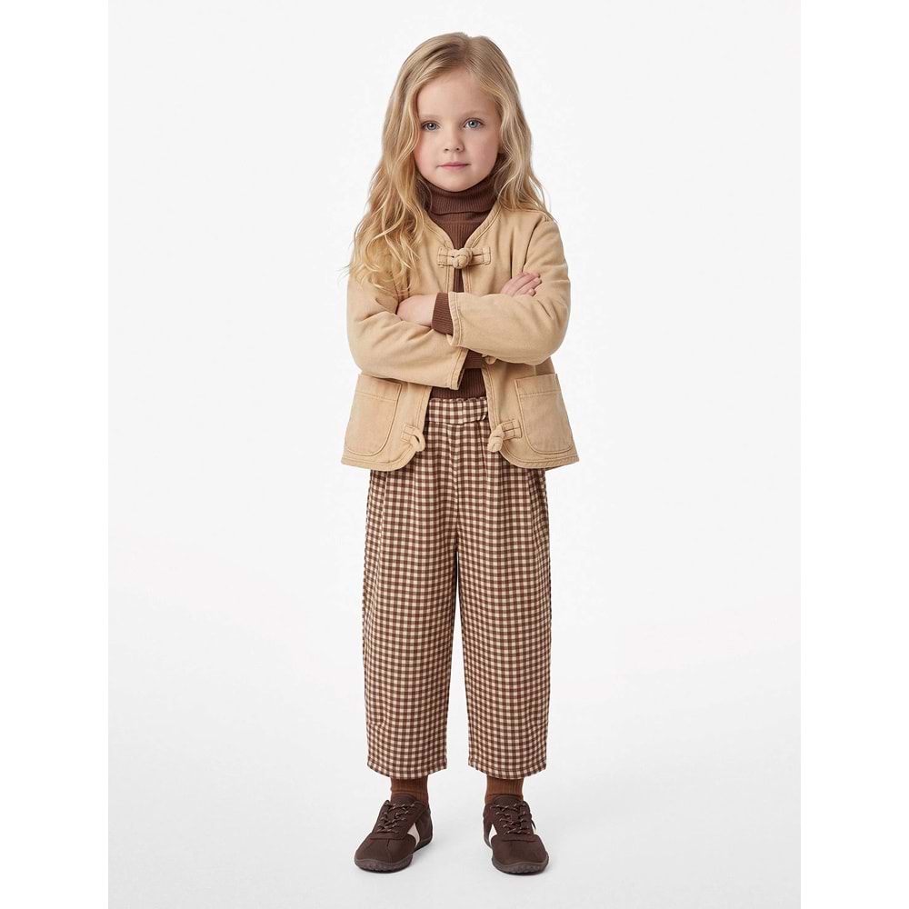Kız Bebek Ekoseli Yüksek Bel Pamuklu Pantolon - 7WMG40022AW