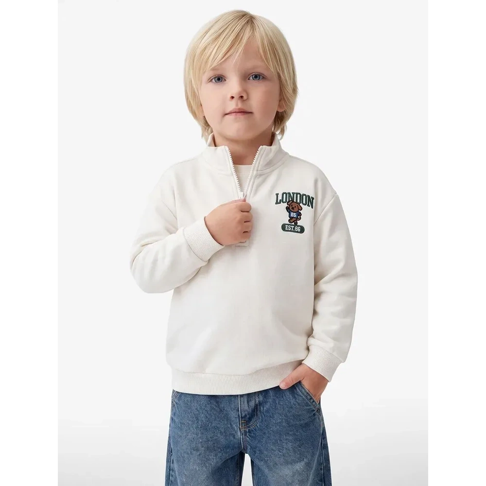 Erkek Bebek Ayıcık İşlemeli Yarım Fermuarlı Oversize Sweatshirt - 7WMB10066TK