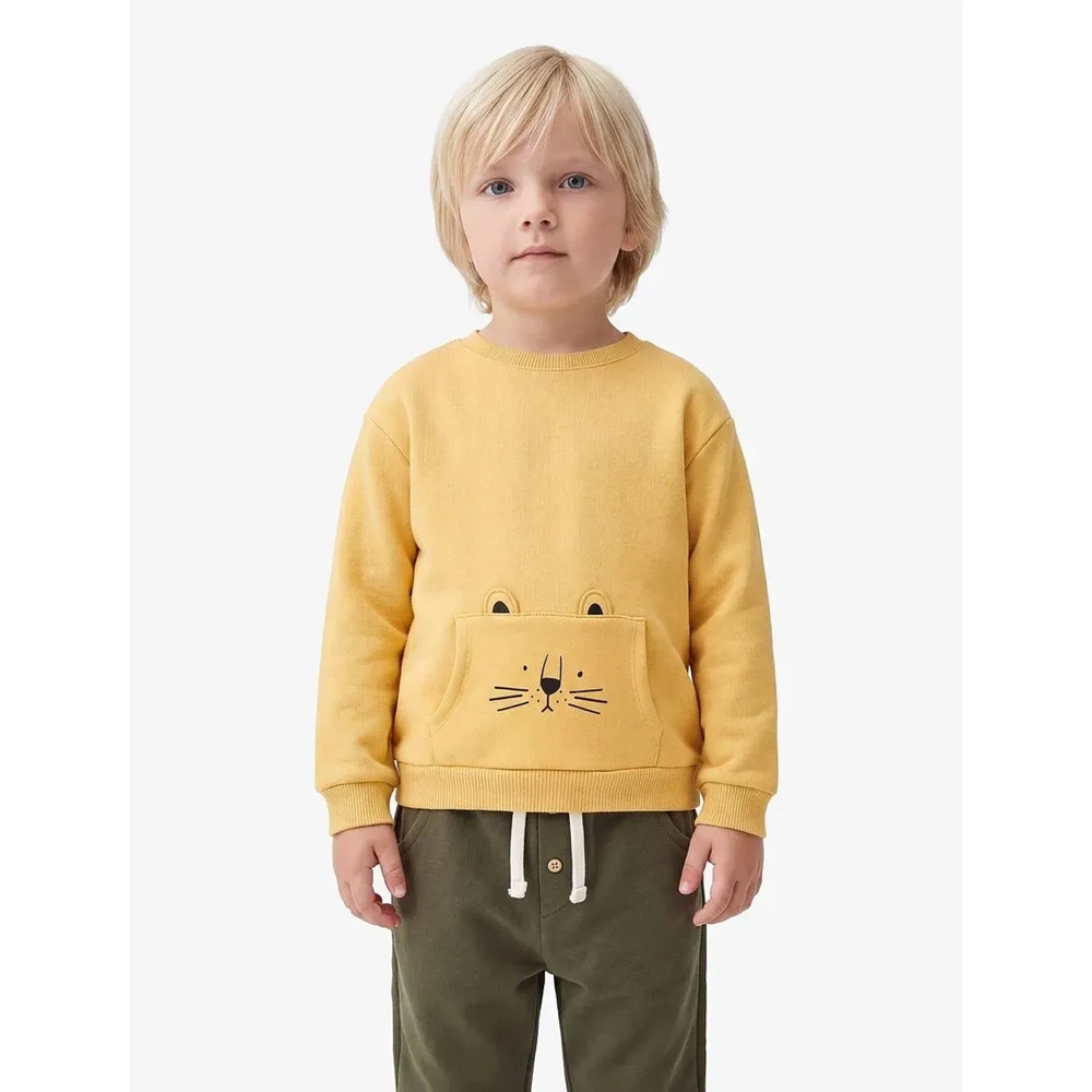 Erkek Bebek Kedi Baskılı Kanguru Şardonlu Sweatshirt - 7WMB10020TK