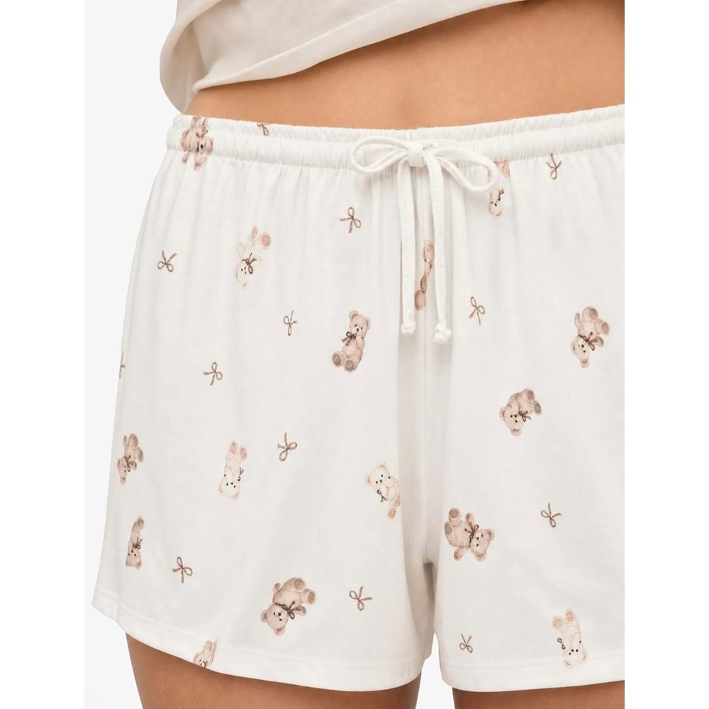 Dantel Detaylı Rahat Kesim Ayıcık Baskılı Şort Pijama Altı - 7WLK80013MK