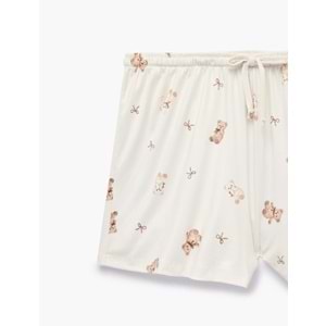 Dantel Detaylı Rahat Kesim Ayıcık Baskılı Şort Pijama Altı - 7WLK80013MK