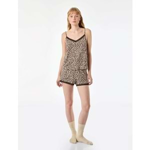 Rahat Kalıp Dantel Detaylı Leopar Desenli Şort Pijama Altı - 7WLK80010MK