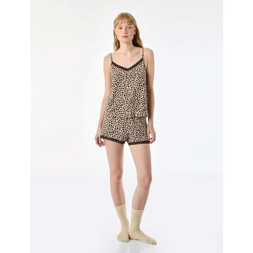 Rahat Kalıp Dantel Detaylı Leopar Desenli Şort Pijama Altı - 7WLK80010MK