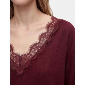 Dantel Detaylı Regular Fit V Yaka Uzun Kollu Triko Kazak - 7WAL90144IT