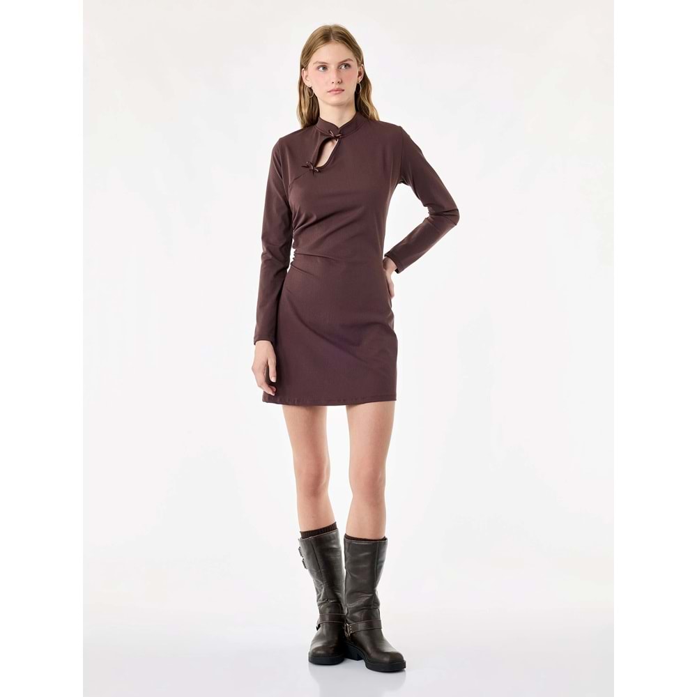 Pencere Detaylı A Kesim Qipao Yaka Fiyonklu Uzun Kollu Krep Mini Elbise - 7WAL80033IK